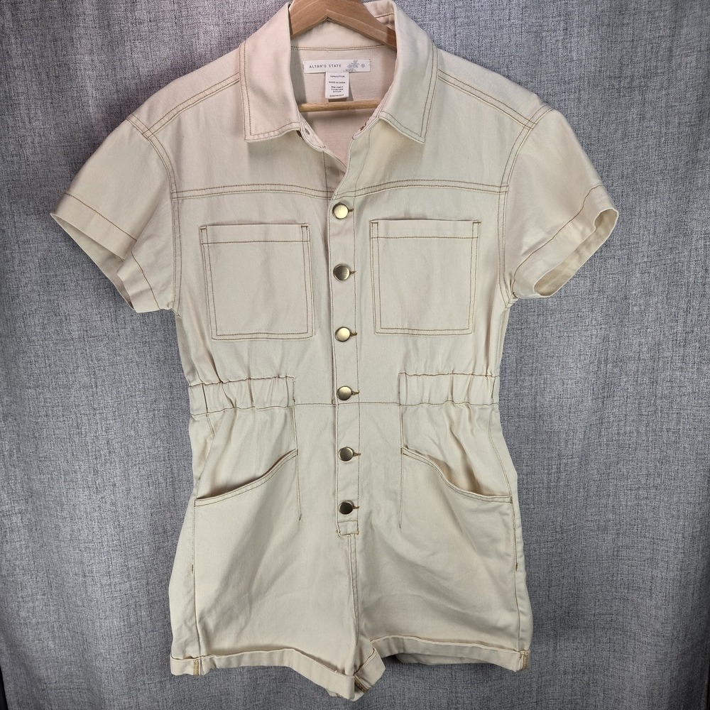 Alter'd State Women's Utility Denim Button Up Romper Neutral Beige Small Y2K